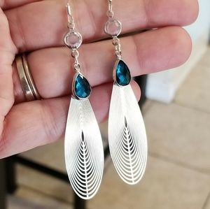 .925 Sterling Silver Blue Topaz Earrings 3" Silver Dangle Earrings Teardrop